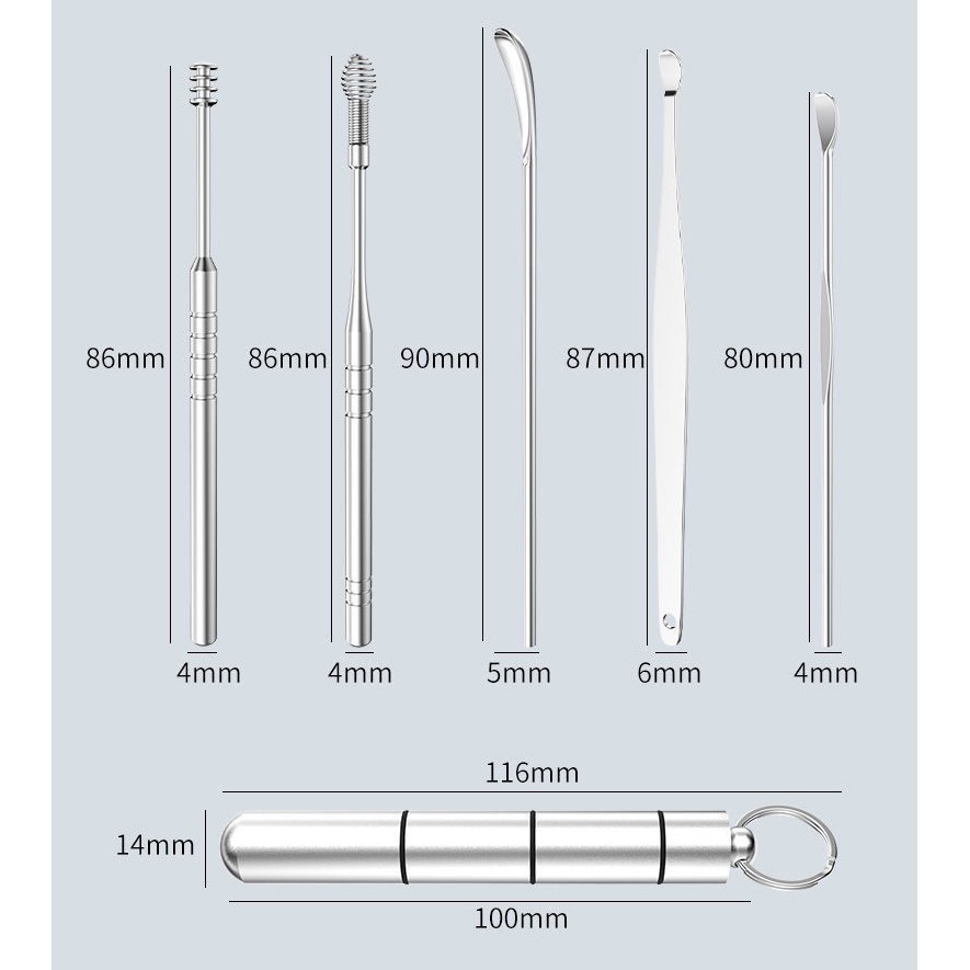 Bộ 6 Dụng Cụ Vệ Sinh Tai Ngoáy Tai Cao Cấp Hộp Trụ Thép Không Gỉ Cho Gia Đình - Dumi Shop