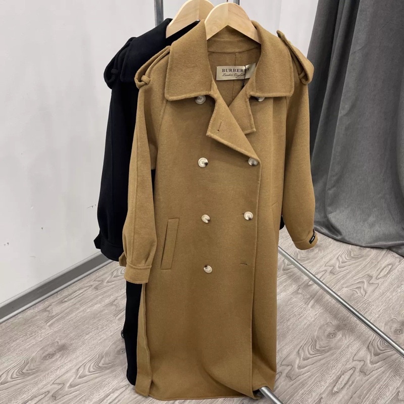 Áo khoác dạ nữ dáng dài cổ vest hai hàng khuy thương hiệu Burberry BBR cao cấp