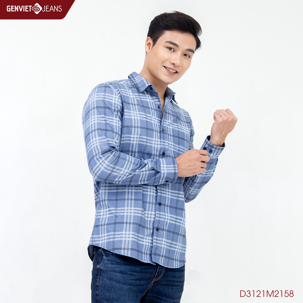 Áo Sơ Mi Jeans Kẻ Nam Dài Tay Trẻ Trung Basic Kẻ Sọc Ô Vuông Genviet D3121M2158