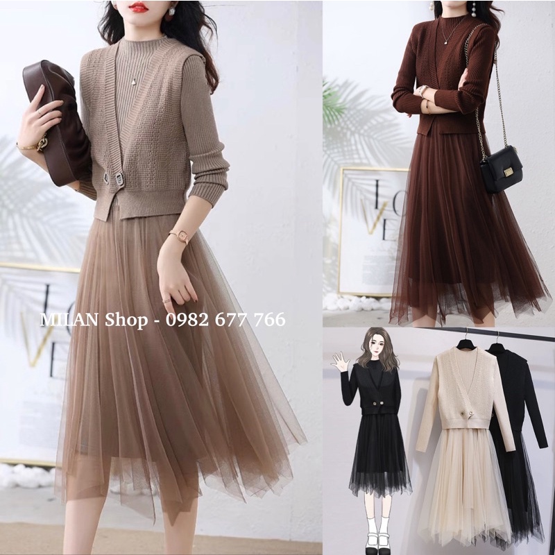 Đầm - Set Váy len phối von đuôi cá sang trẻ bầu bí bon chen bao đẹp