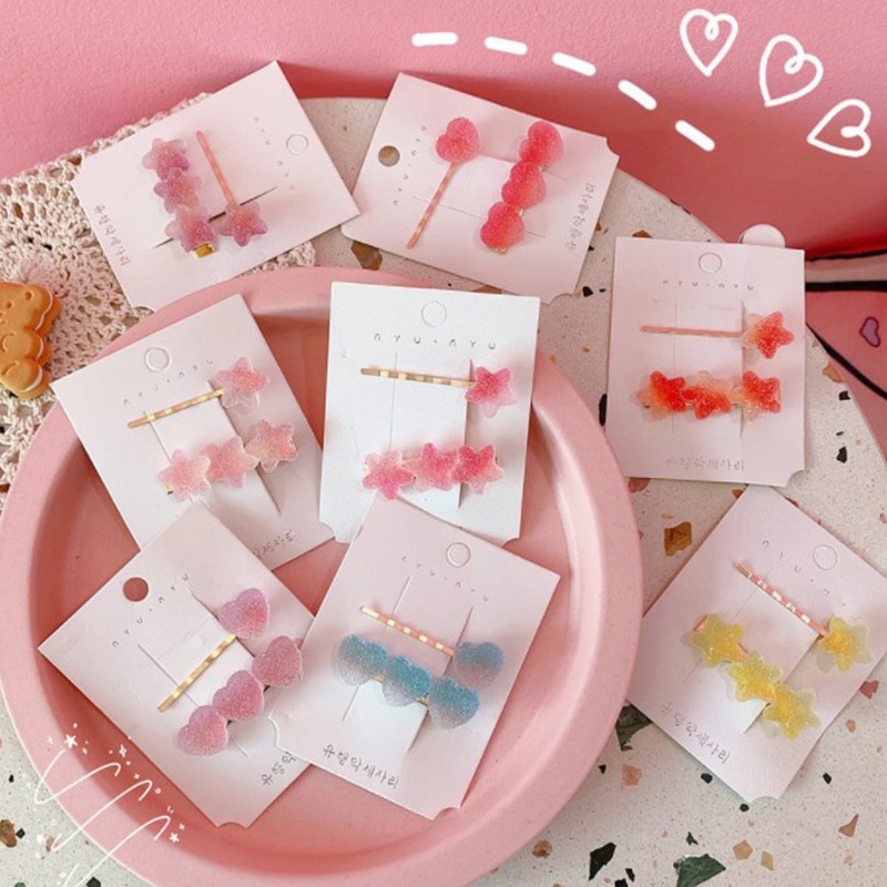 Set 2 Kẹp Tóc Kẹo Dẻo Jelly Màu Gradient Hình Trái Tim Và Ngôi Sao Siêu Yêu