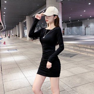 Váy liền dài tay váy ngắn váy liền váy mùa thu chất liệu cotton gợi cảm bó sát mỏng thu đông