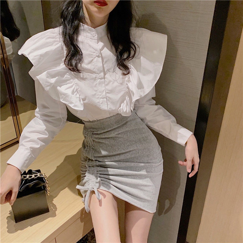 Áo Sơ Mi Cổ Đứng Nhún Bèo Màu Trắng Phong Cách Hồng Kông Thời Trang Mùa Thu Cho Nữ 2021