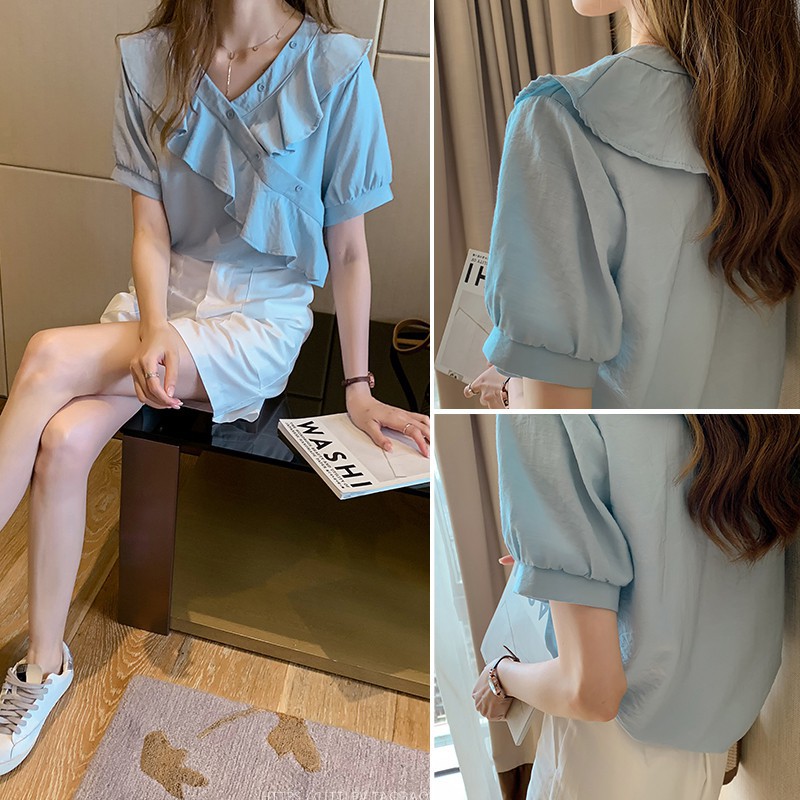 Áo kiểu tay ngắn dáng rộng thiết kế thanh lịch cho phái nữ