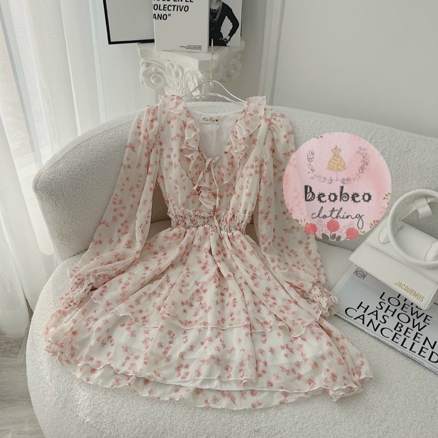 Đầm voan hoa nhí cổ v bèo tay bo xoè tầng vintage
