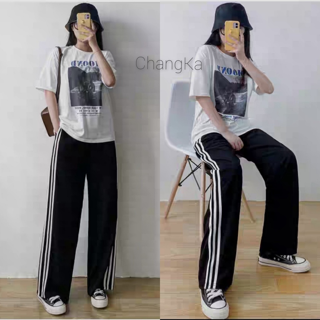 Quần thể thao nữ Jogger ống rộng dây rút cạp chun màu đen đi học sinh Quần ống rộng nữ 3 sọc suông dài trắng vải UMÌ hàn
