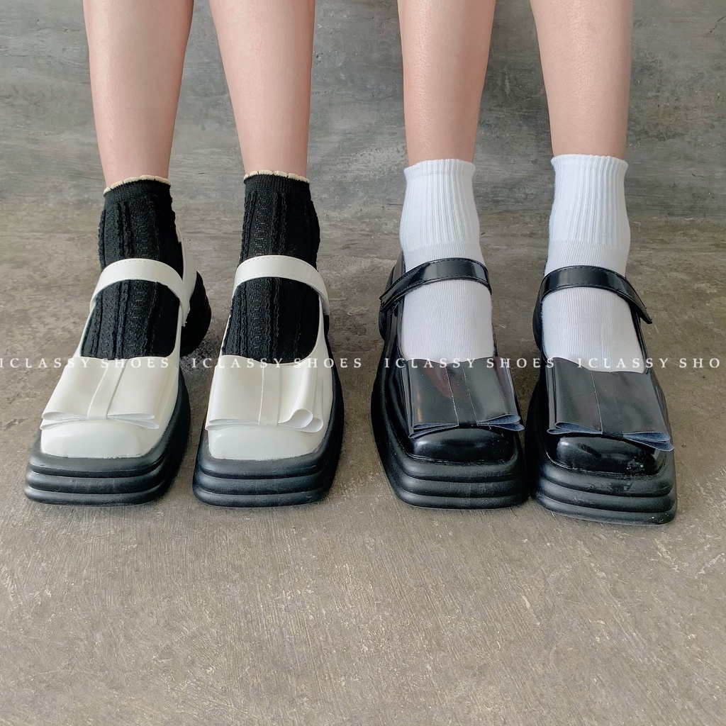 Giày Lolita Ulzzang Vintage Giày Mary Jane Mũi Vuông Nơ Xếp Chồng Quai Mảnh Khóa Dán Đế Độn 5cm Hàn Quốc-Iclassy_shoes