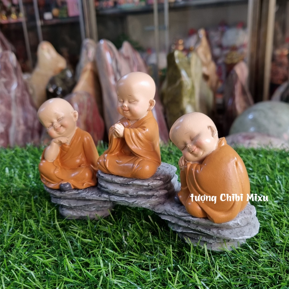 Bộ 03 chú tiểu áo nâu mẫu an nhiên kèm đế giả đá size nhỏ