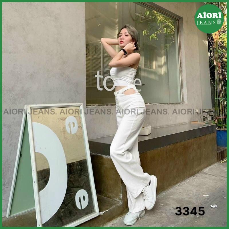 Quần Jeans Nữ Ống Rộng Aiori Cạp Cao Lưng Kiểu Khoét Eo Màu Trắng_Mã 3345