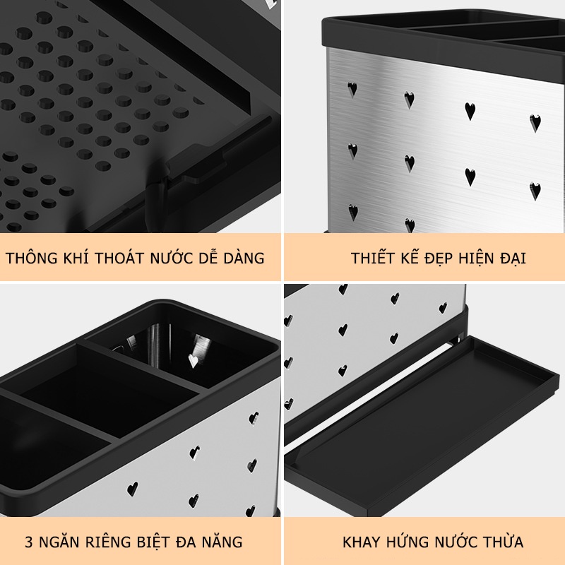 Ống Đựng Đũa Muỗng Inox 304 Có Khay Hứng Nước - Tặng Kèm Móc Treo Đồ Đa Năng MKS043