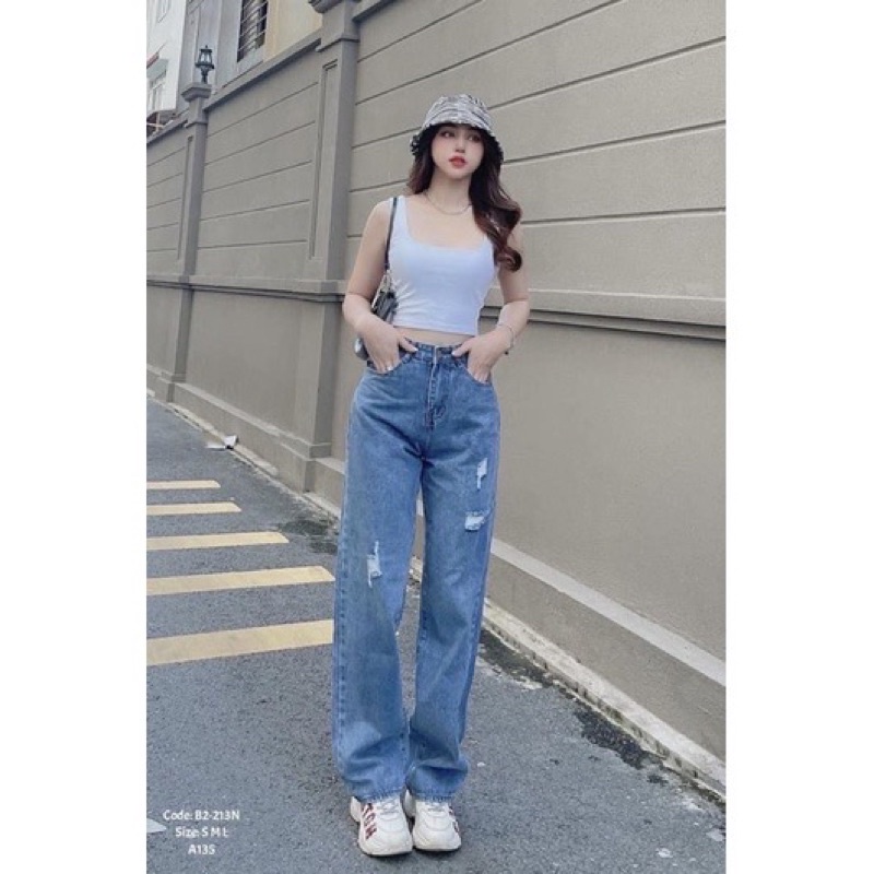 Quần Jeans Ống Suông Lưng Cao Catty Bigsize, Quần Ống Rộng Lưng Cao bigsize nữ