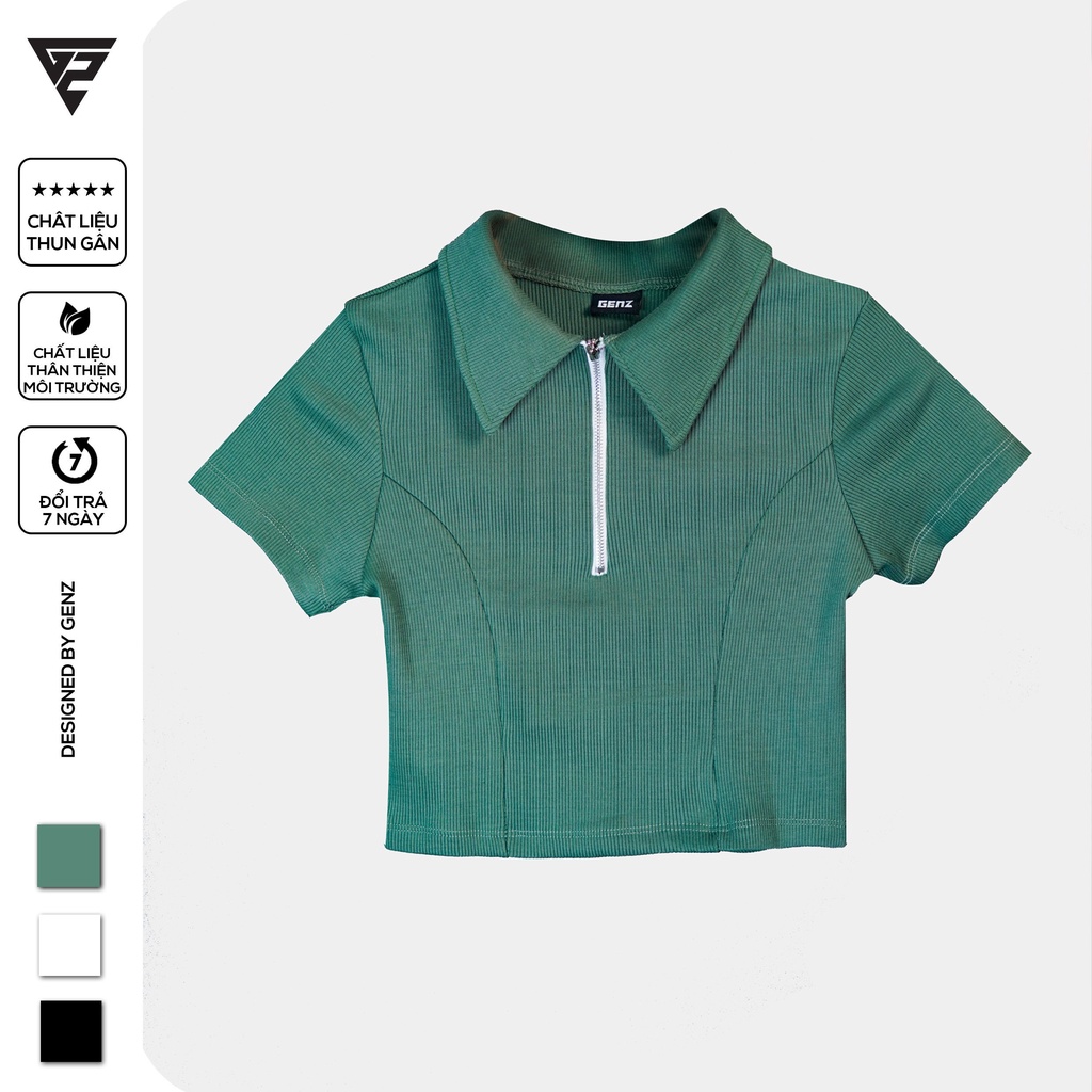 Áo croptop nữ tay ngắn GENZ cổ bẻ dây kéo chất liệu thun gân freesize form chuẩn tôn dáng
