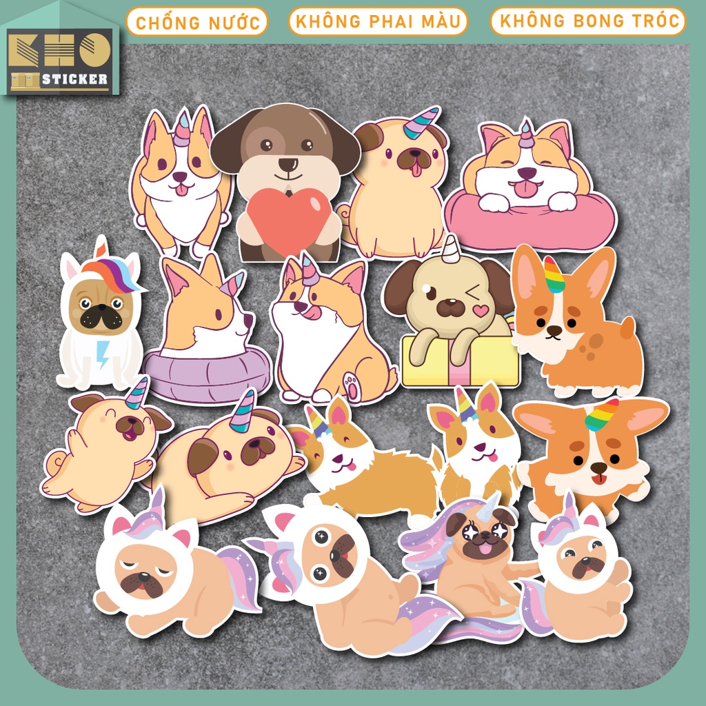 Nguyên bộ Sticker Dog Unicorn chống nước sticker dán laptop, điện thoại, đàn guitar, mũ bảo hiểm, vali. MSP: ST83