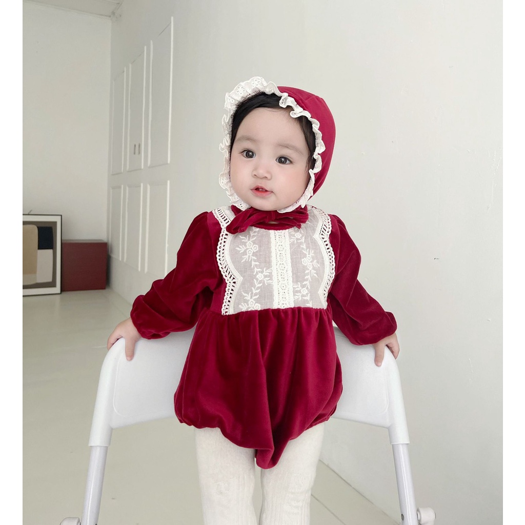Body nhung đỏ bèo trắng ngực kèm mũ Hàn Quốc tiểu thư xinh xắn cho bé diện Noel, diện Tết, tiệc đầy tháng thôi nôi