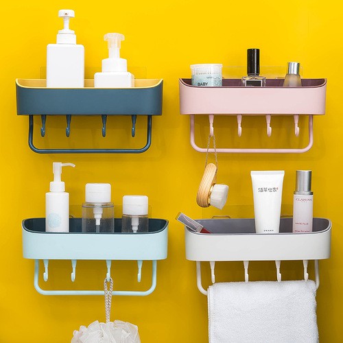 Kệ để đồ nhà tắm dán tường siêu dính có 4 móc thanh treo khăn tiện dụng dễ dàng tháo lắp màu xanh vàng trắng