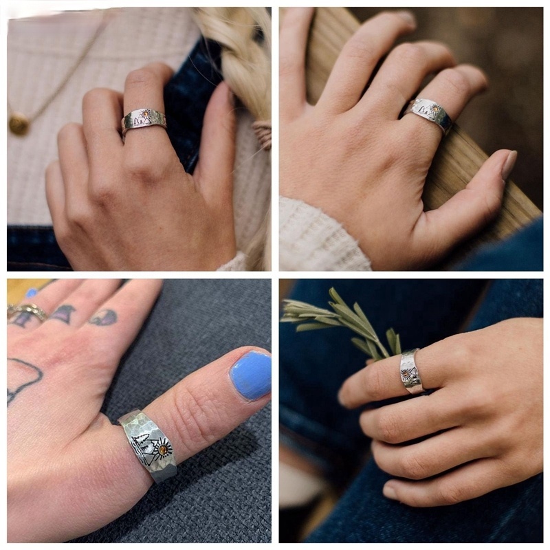 Nhẫn khắc hình phong cảnh núi rừng và hoàng hôn tự nhiên có thể điều chỉnh thời trang 2021 cho nam nữ