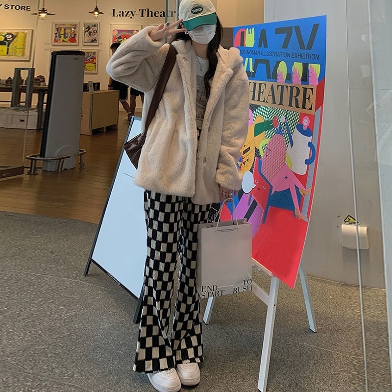 Quần ống rộng họa tiết ô vuông thời trang