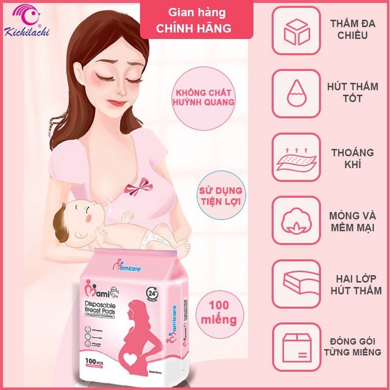 Miếng Lót Thấm Sữa MamiCare 100 Miếng, Siêu Thấm , Siêu Dính,Siêu Mỏng, Chống Tràn, Cấu Tạo 3D Thoáng Khí