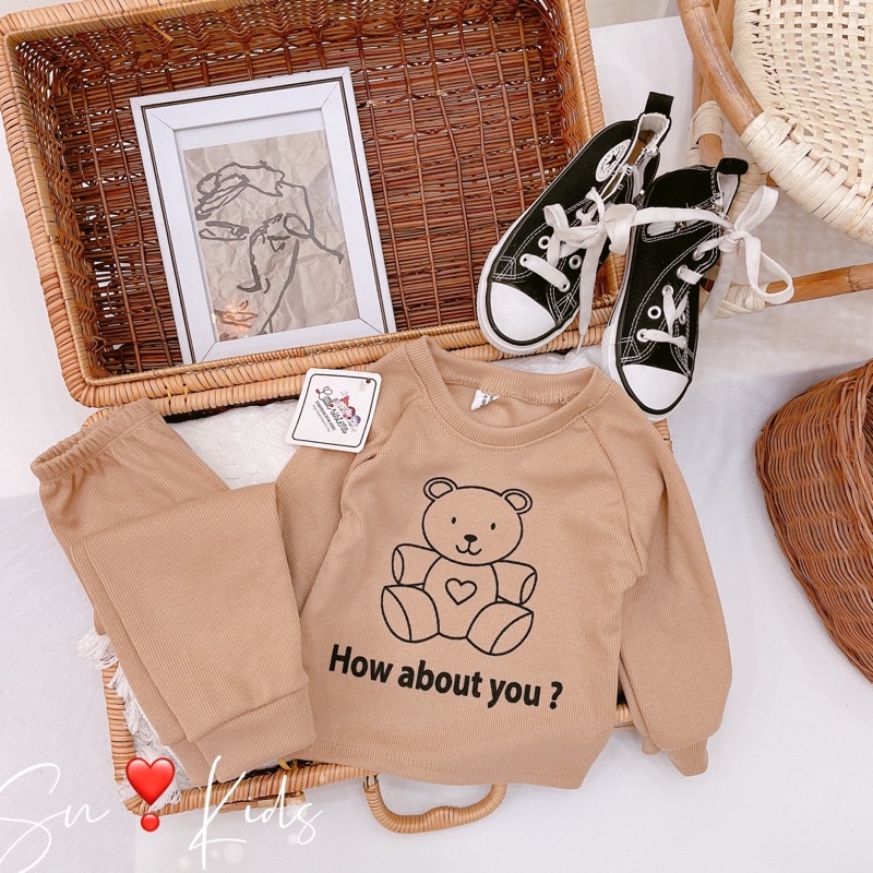 Bộ Quần Áo Thun Tăm Dài Tay In Hình Gấu Thu Đông Cho Bé sơ sinh đến 18kg