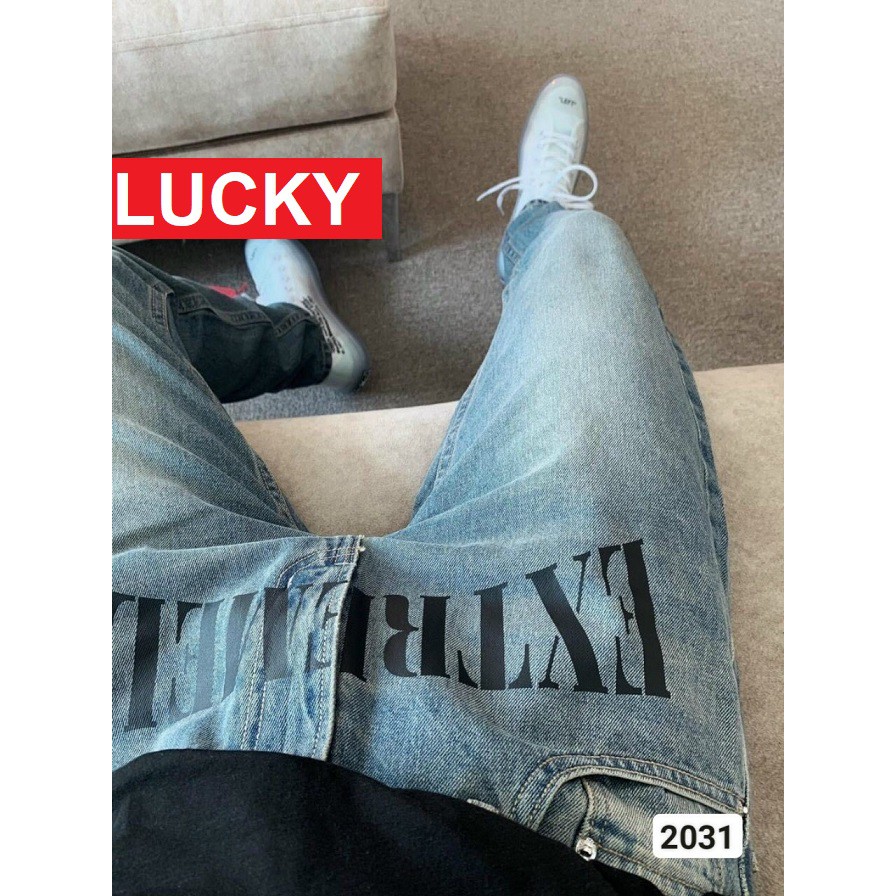 QUẦN JEAN NAM CHẤT BÒ XANH TRƠN PHỐI CHỮ ĐẲNG CẤP CO GIÃN KJ2031 LUCKY SHOP | BigBuy360 - bigbuy360.vn