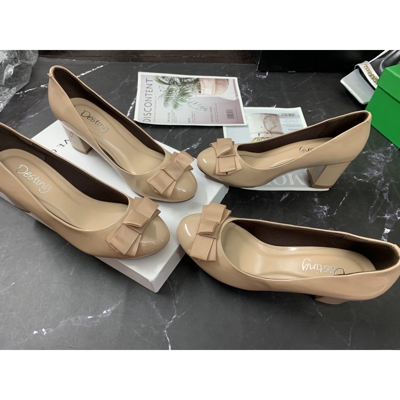 Giầy gót trụ nơ vải xếp siêu xinh