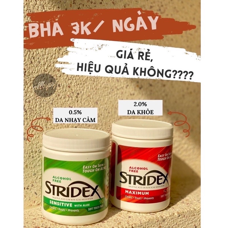 Pad lau giảm mụn siêu tốc Stridex bha 0,5 và 2% xanh da nhạy cảm đỏ da khoẻ maximum