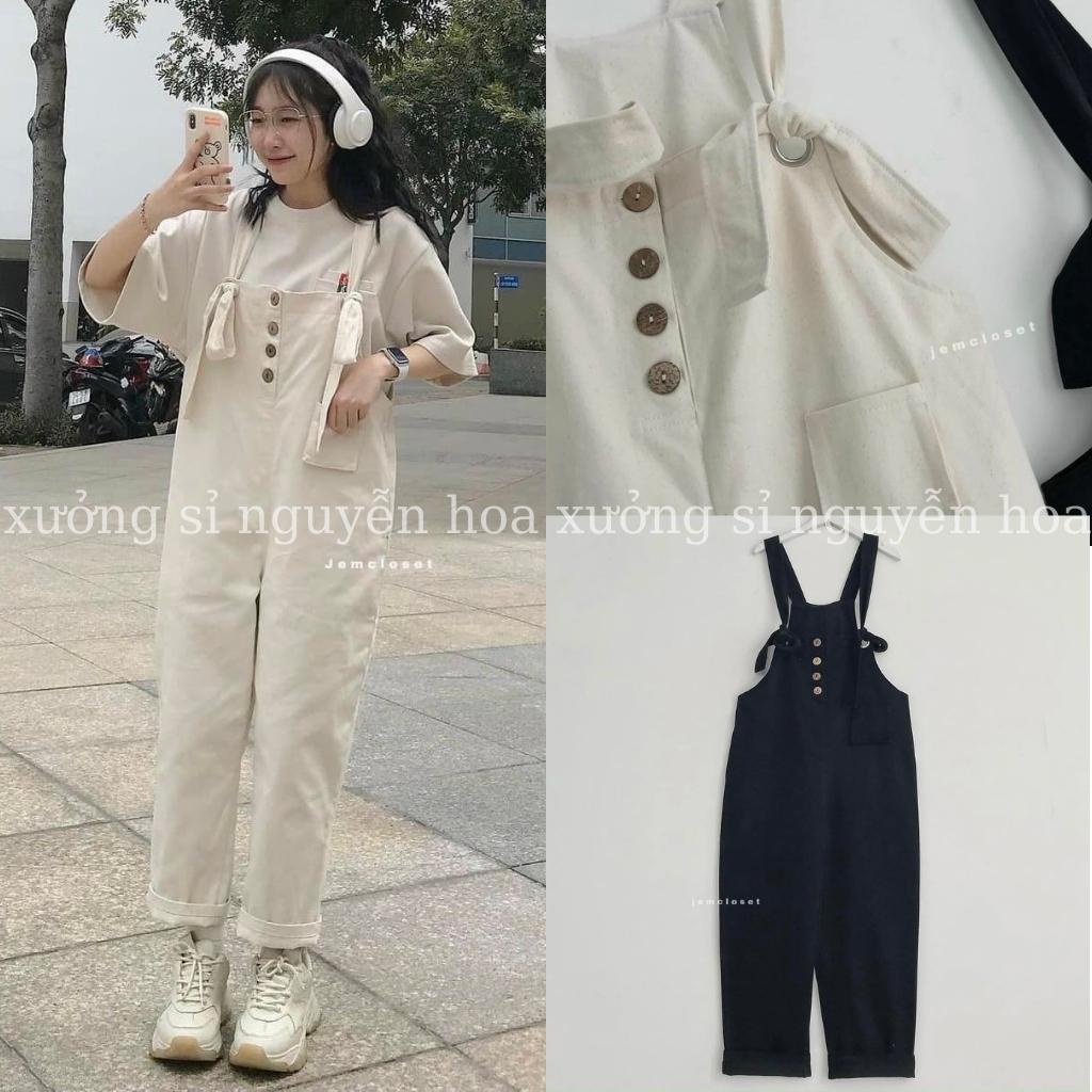 Quần yếm buộc dây 4 cúc hot trend ulzzang kiểu dáng hàn quốc freesize form rộng 2 màu be đen xưởng sỉ nguyễn hoa