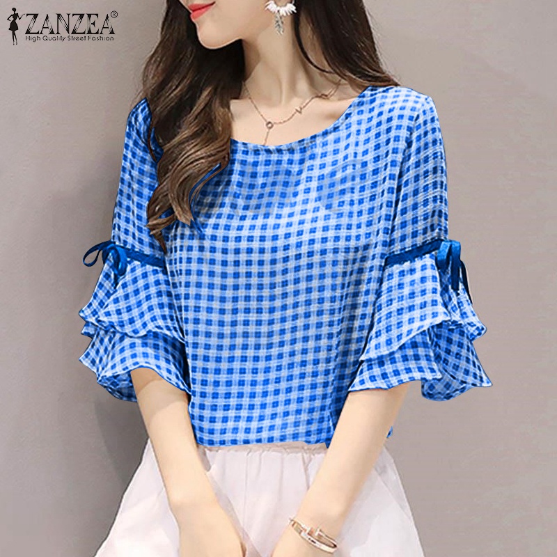 Áo sơ mi ZANZEA tay dài họa tiết caro thời trang dành cho nữ
