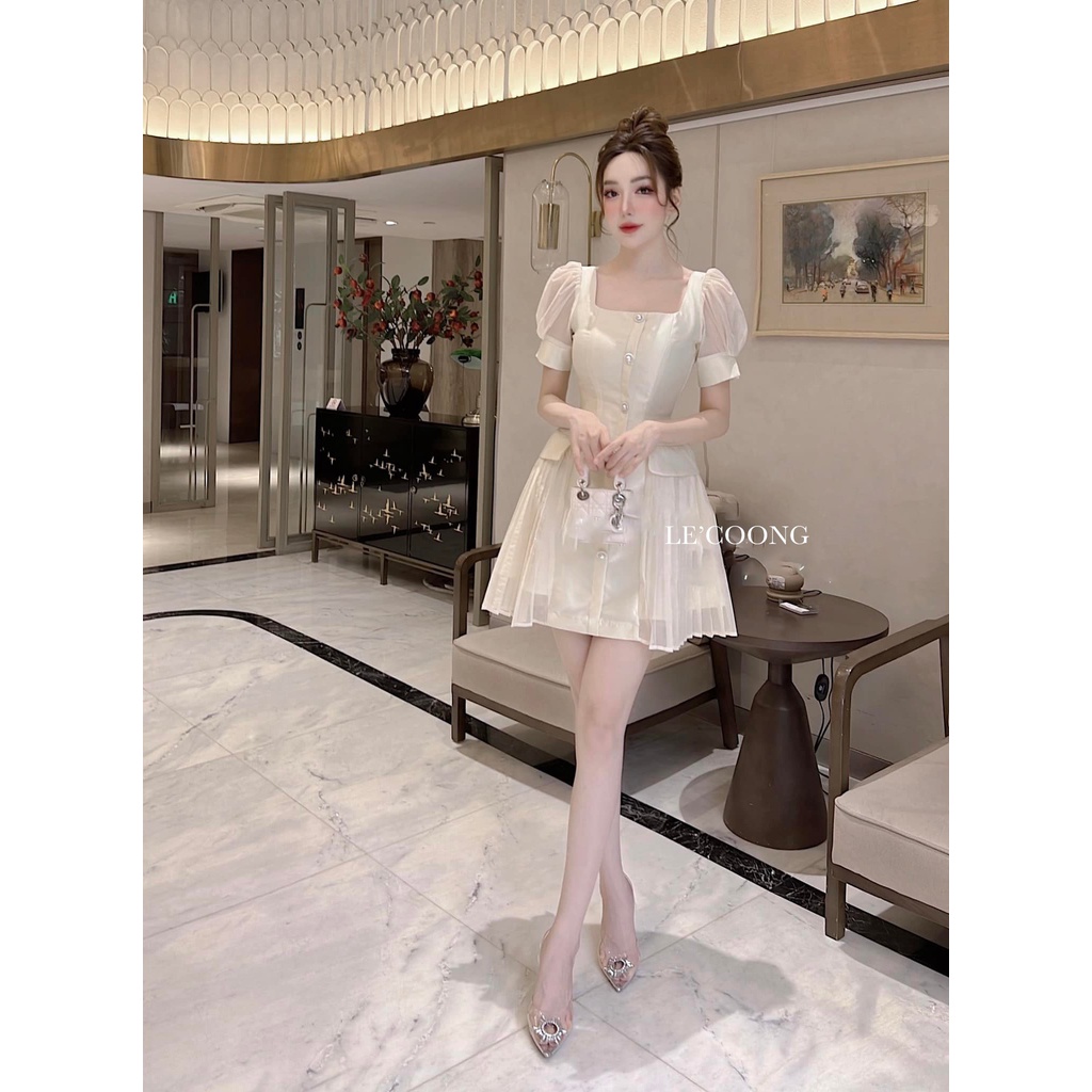 Đầm Nữ Dự Tiệc LECOONG V184 Thiết Kế Tay Bồng Xếp Li
