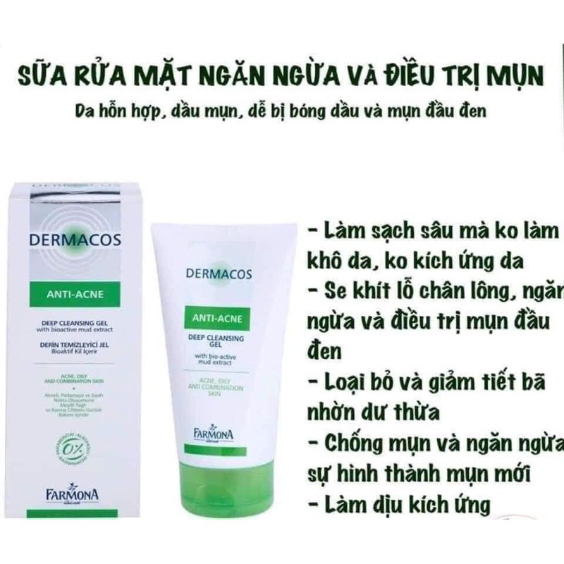 DERMACOS Sữa Rửa Mặt Farmona Dermacos Anti Acne Deep Cleansing Gel 150ml, Sạch Sâu Ngừa Mụn, Cho Da Dầu