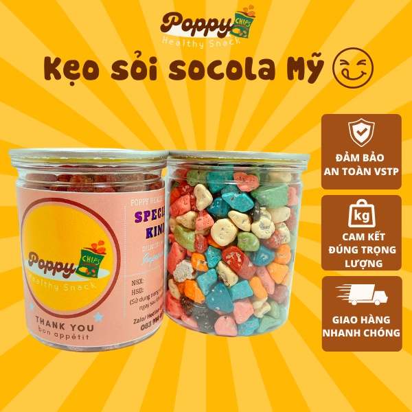 Kẹo socola sỏi siêu ngon, đồ ăn vặt POPPY, đồ ăn vặt sạch, đóng hộp zip 2 nắp cao cấp 400g