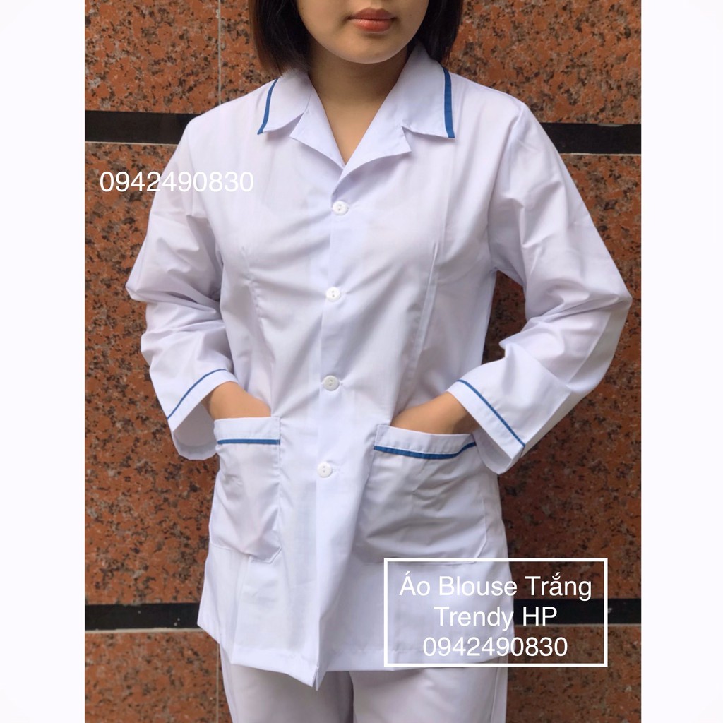 Bộ quần Áo blouse trắng điều dưỡng nam nữ cộc tay, dài tay có viền xanh - áo blu y tá có viền xanh