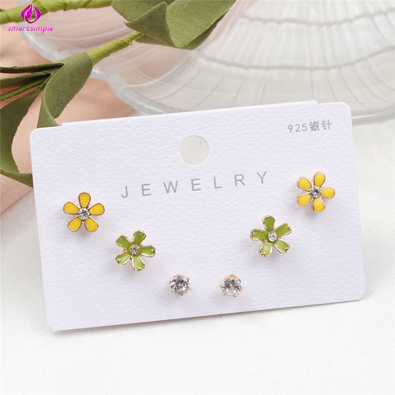 Set 3 Đôi Khuyên Tai Hình Hoa Đính Đá Dễ Thương Cho Nữ