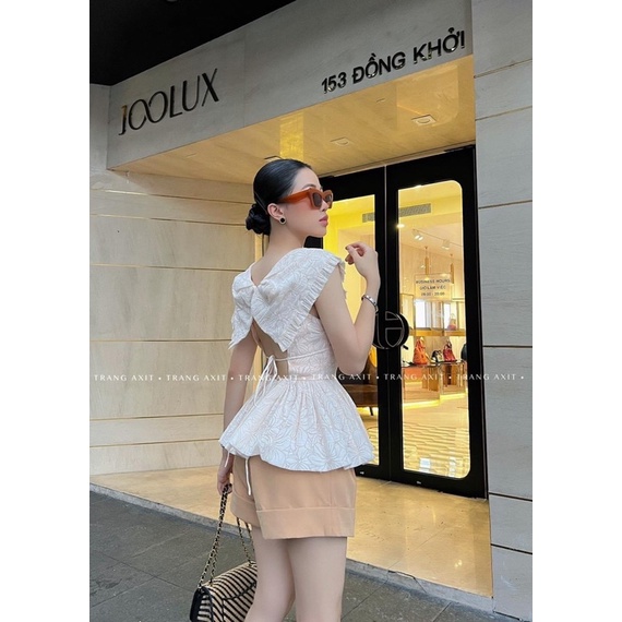 SET ÁO XÔ TAY TIÊN PEPLUM BÈO + QUẦN SHORT NÂU
