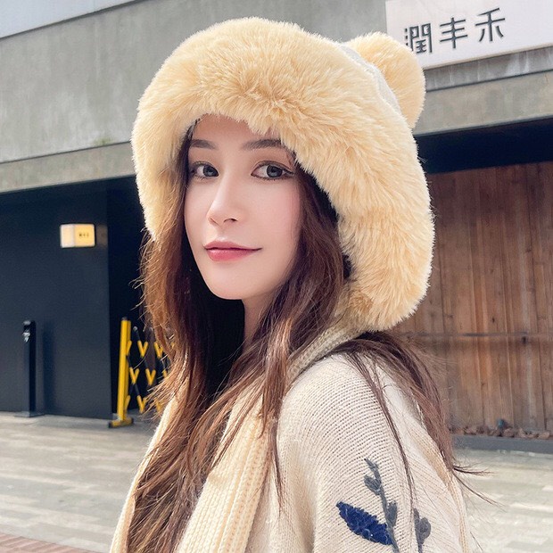 Mũ len nữ, nón len nữ liền khăn phối lông cực ấm áp, vô cùng đáng yêu