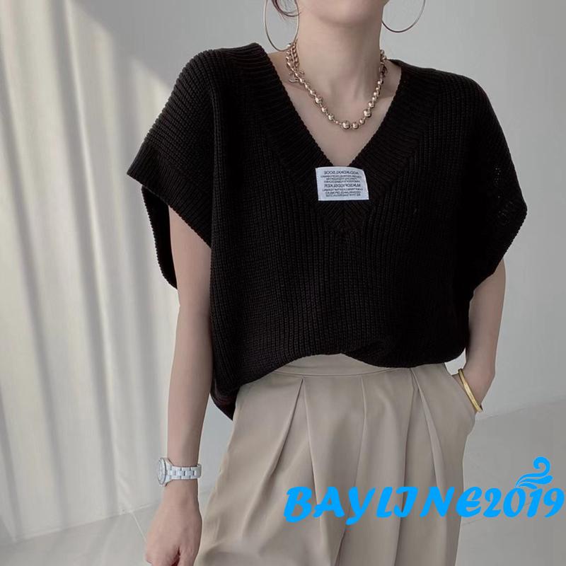 BAY-Áo khoác dệt kim sát nách cổ chữ V họa tiết chữ màu hồng/xám/đen/be cho nữ