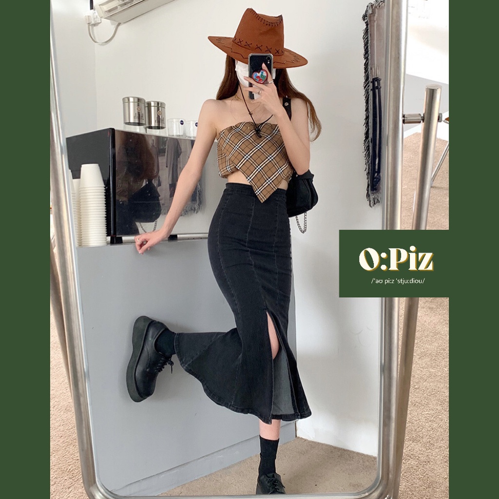 Chân Váy Jeans Đuôi Cá, Dài, Màu Đen, Có Xẻ Ở Trước, Style Hàn Quốc Chân Váy Bò Dày Dặn - Opiz Studio