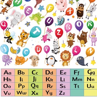 Decal dán tường mẫu chữ cái thường và hoa kết hợp con vật đáng yêu