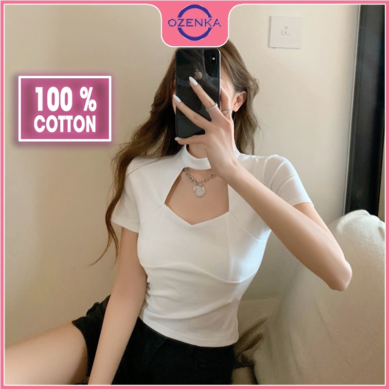 Áo croptop kiểu Hàn Quốc tay ngắn ôm nữ OZENKA , áo thun crt ngắn mặc đi học đi chơi chất thun gân cotton 100% đen trắng