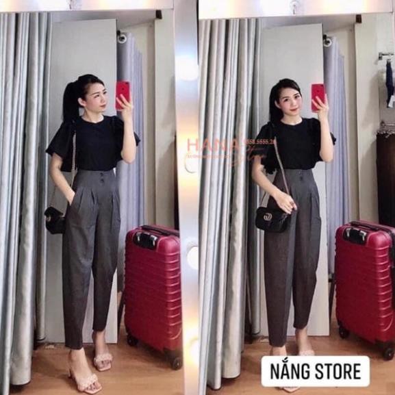 Quần baggy nữ Hana, Quần baggy cạp liền 2 khuy siêu cao dáng ống thụng hot màu đen vải tuyết mưa dày dặn - QD008