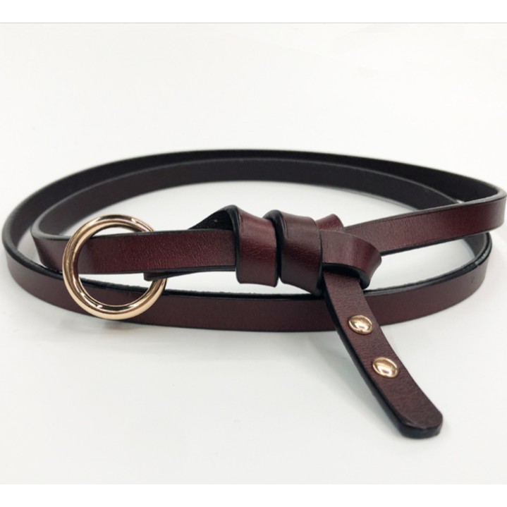 Thắt lưng, dây nịt nữ bản nhỏ 1.1cm, khóa thắt hình tròn , da thật, mạ màu vàng bóng.