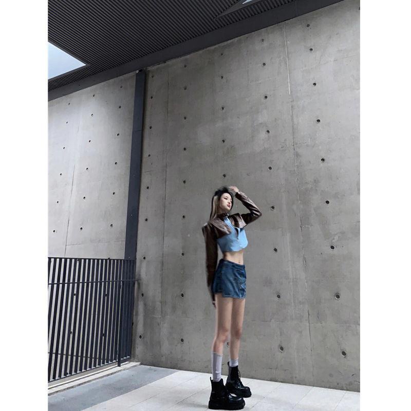 Áo Khoác Da Phối Màu Tương Phản Phong Cách Đường Phố Mùa Thu Cá Tính