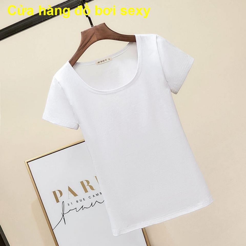 Phiên bản mùa hè Hàn Quốc màu trắng t Kiểu dáng ngắn tay nữ áo sơ mi cotton đáy chữ U dây mỏng giảm béo sexy t