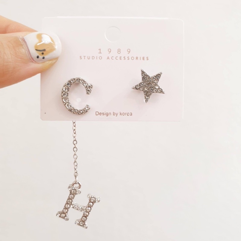 bông tai c h đối xứng sang chảnh, khuyên tai ngắn dài phong cách hàn quốc