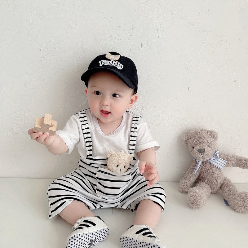 Bộ Áo Liền Quần Ngắn Tay Cổ Tròn Giả Hai Lớp In Hình Gấu Thời Trang Mùa Hè Cho Bé Trai Và