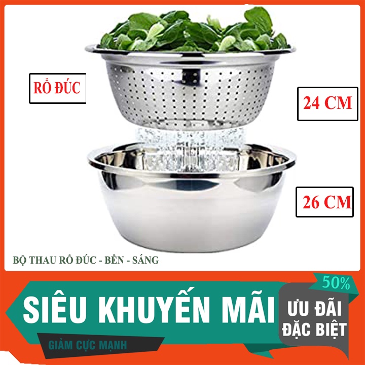 [BỘ THAU RỔ] Thau rửa rau quả trộn salad 26 cm và rổ ĐÚC 24 cm có lổ dày - sáng đẹp. Thau inox an toàn