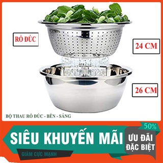 Mua  BỘ THAU RỔ  Thau rửa rau quả trộn salad 26 cm và rổ ĐÚC 24 cm có lổ dày - sáng đẹp. Thau inox an toàn