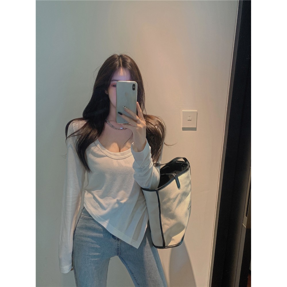 Áo Thun Dài Tay Cổ Tròn Thiết Kế Lệch Tà Quyến Rũ Thời Trang