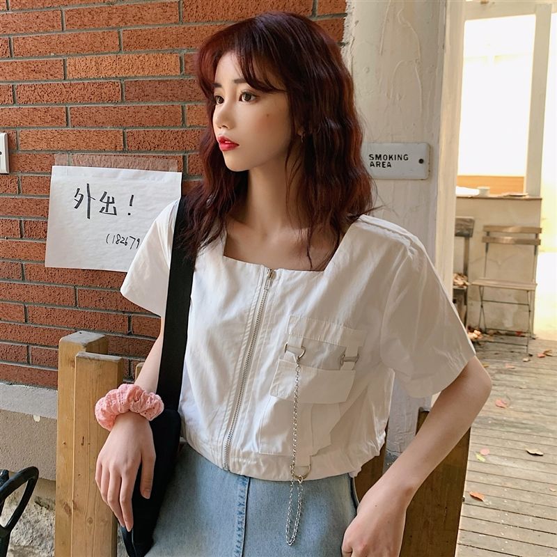 Áo Thun Ngắn Tay Cổ Vuông Phối Khóa Kéo Thời Trang Hè 2020 Cho Nữ