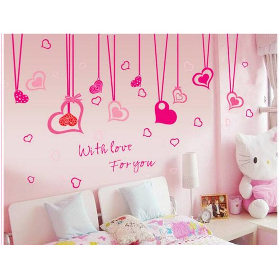 Decal trang trí phòng bé hello kitty - Giấy dán tường màu hồng cho bé gái có keo sẵn, lau chùi dễ dàng không thấm nước